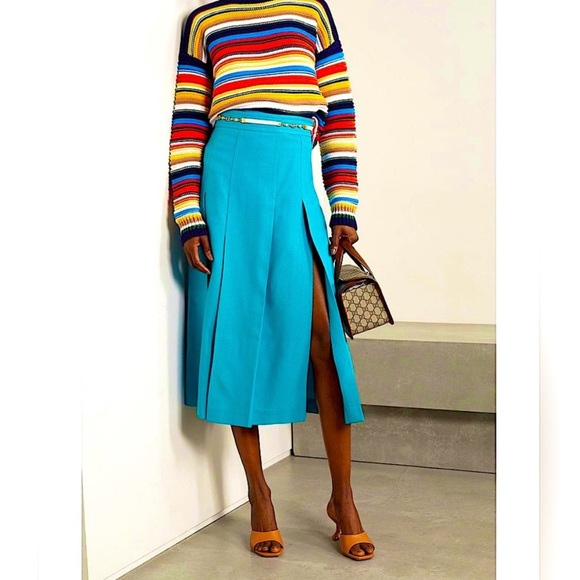 Gucci Turquoise Viscose Linen Pleated Midi Skirt with White Leather Gold GG Belt - Picture 1 of 11